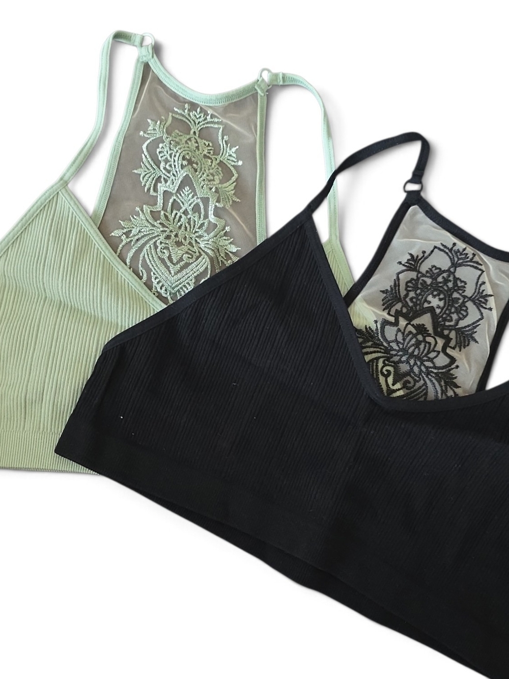 Sheer Lace Back Bralettes - Black & Mint Set